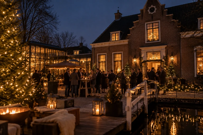 Kerstborrel en eindejaarsreceptie van gasten buiten bij een verlichte evenementenlocatie.