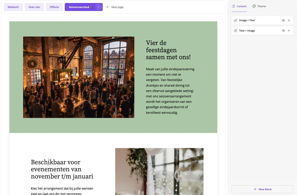 Pagina-builder van MICE Operations bij het instellen van een seizoensaanbod voor evenementen.