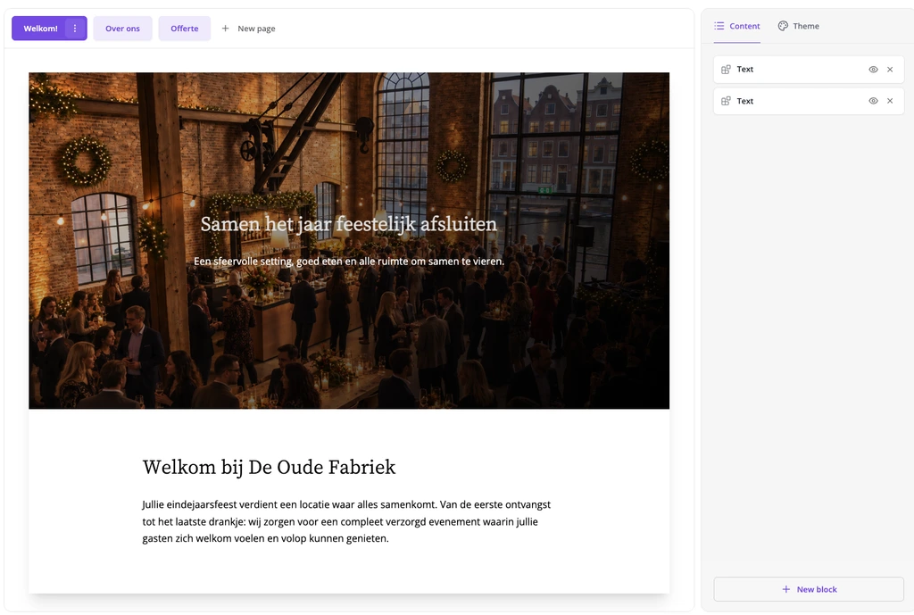 Pagina-builder in MICE Operations waarin een online offerte wordt opgesteld